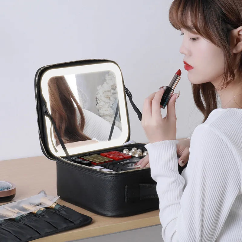 Makeup Train Case with 3 Color Adjustable Brightness LED Mirror Cosmetic Travel Case Adjustable Dividers Toiletry Bag for Lady