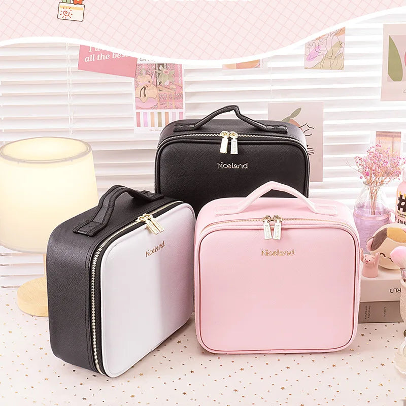 Makeup Train Case with 3 Color Adjustable Brightness LED Mirror Cosmetic Travel Case Adjustable Dividers Toiletry Bag for Lady