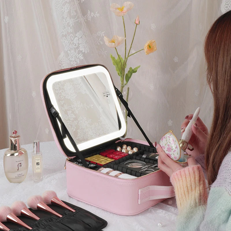 Makeup Train Case with 3 Color Adjustable Brightness LED Mirror Cosmetic Travel Case Adjustable Dividers Toiletry Bag for Lady